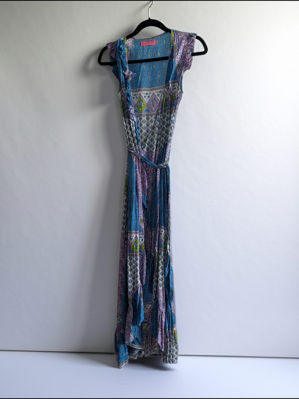 Feather & Find Boho Paisley Print Ruffled Wrap Dress in Blue & Lavender - S
